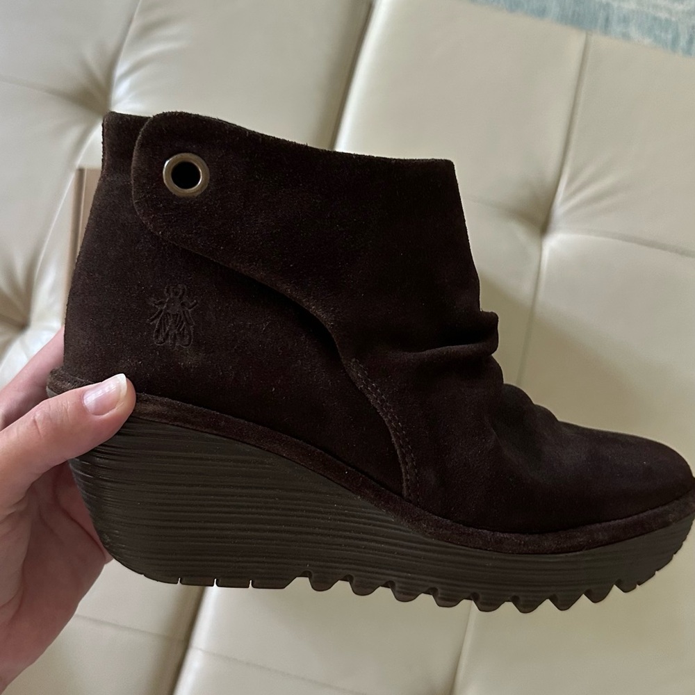 Fly London Brown Suede Ankle Booties with Wedge Heel